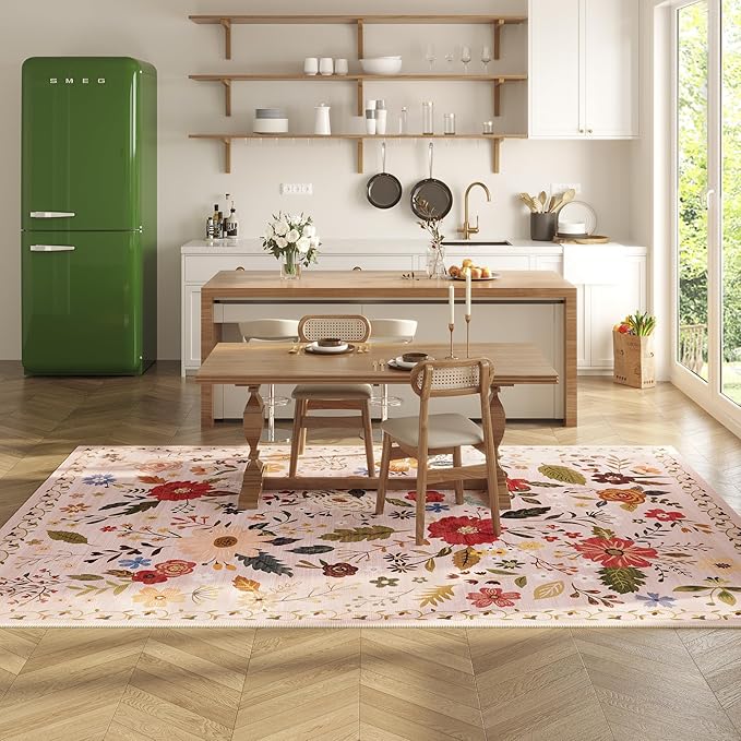 5x7 Washable Rug for Living Room, Pink Floral Area Rug, Non Slip Low Pile Soft Flower Carpet, Large Rugs for Bedroom, Dining Room, Office, Kids Playroom, Nursery, Pink/Beige-CubbioJoy