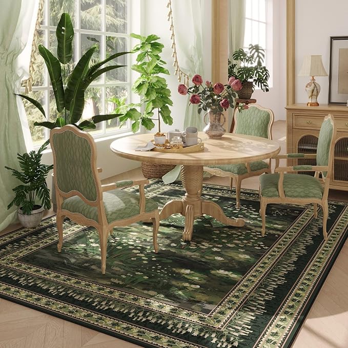 5x7 Area Rugs Impressionist-Style Vintage Washable Area Rug Non Slip Low Pile Large Rugs for Living Room Bedroom Farmhouse Dining Room Kids Playroom, Green-CubbioJoy