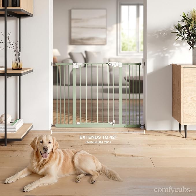 Comfy Cubs Baby Safety Gate with 3 Extensions - Adjustable 42" x 1.9" x 30" Q195 Steel Doorway Barrier - Powder-Coated Finish for Stairs and Doorways - Walk-Through Design Pet Gate - Sage-CubbioJoy