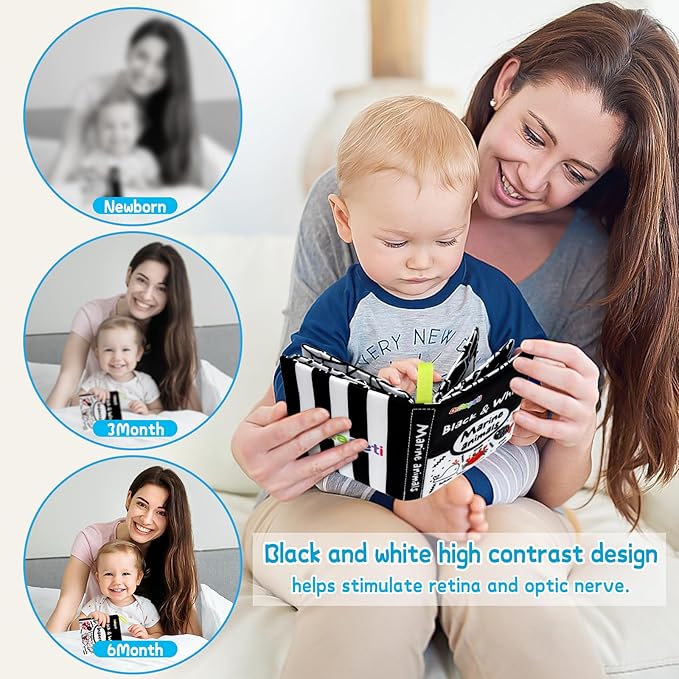 Dr.Rapeti Soft Cloth Books Baby Books Bath Books 6-Pack for Baby Infant Toddler Kids High Contrast Black and White Crinkle Washable Chewable Non-Toxic Early Educational Giftable-CubbioJoy