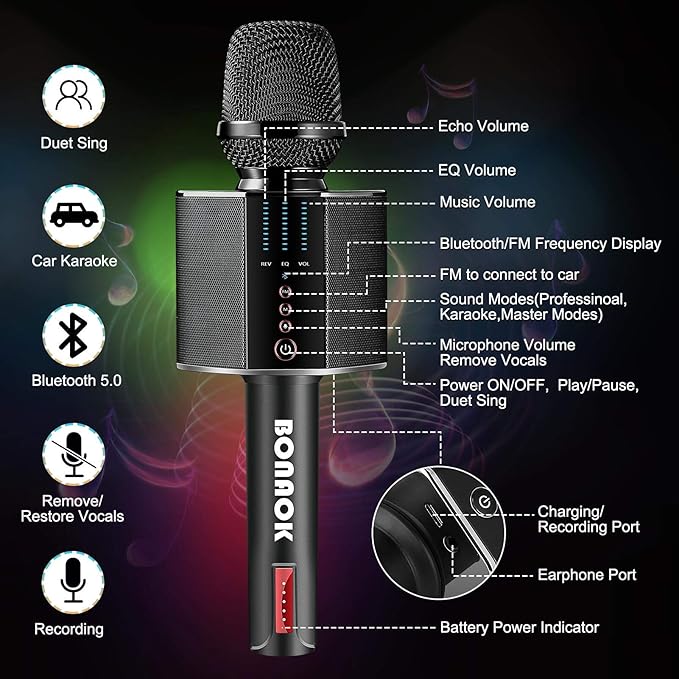 BONAOK Karaoke Microphone, Portable Wireless Bluetooth Karaoke Mic for Adults&Kids Car Home Outdoor Party, Karaoke Machine for PC/All Smartphone G50 Black 2025-CubbioJoy