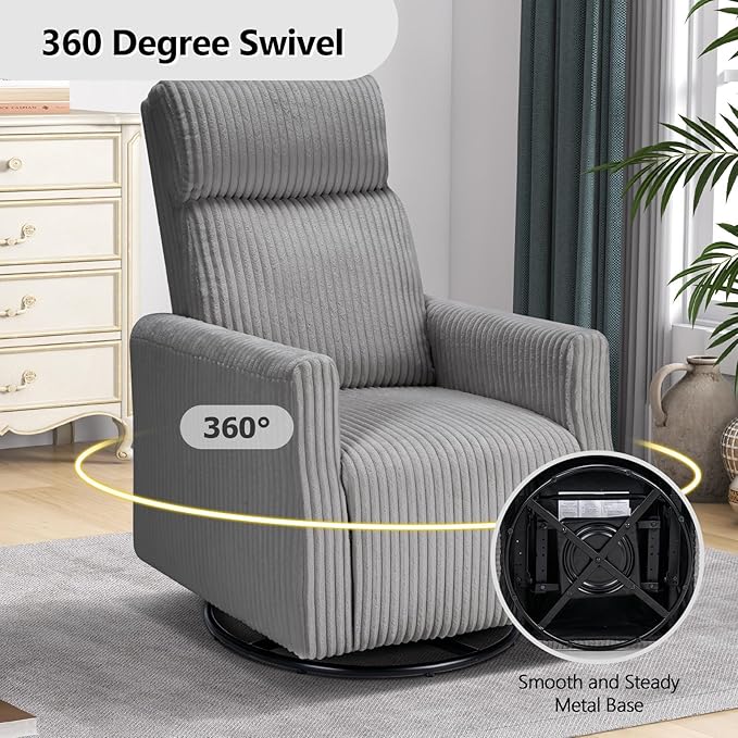 CANMOV Swivel Rocker Chair for Nursery, Swivel Accent Chair with High Back and Arms, Corduroy Glider Chair for Living Room Bedroom Nursery, Grey-CubbioJoy