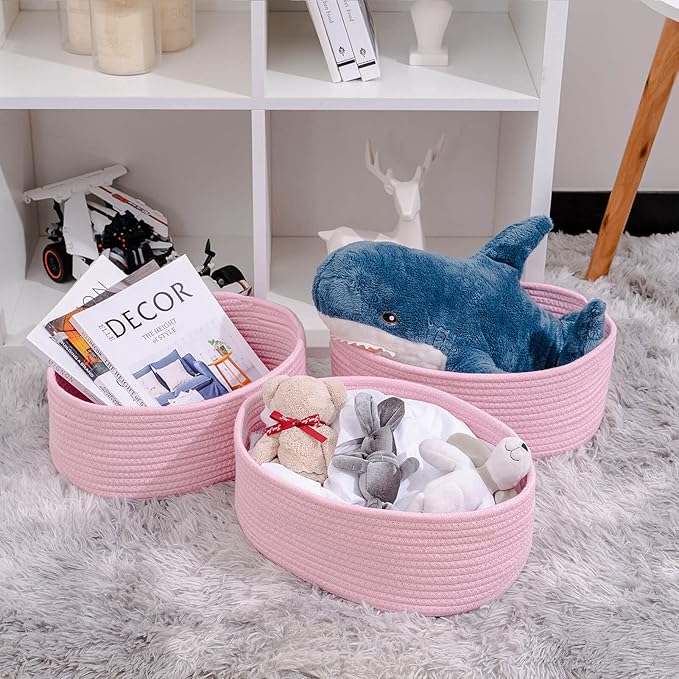 Cute Baskets for Shelf Storage Small Woven Basket to Store and Organize Daily Items/Durable Rope Basket for Living Room, Bedroom,Playroom/Oval-13x8.66x5.11’’,Stylish 3 Packs Pink-CubbioJoy