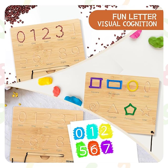 Asweets Montessori Wooden Number Practicing Board, Double-Sided Tracing Board and Shape RecognitionTool to Writing 123 Educational Toy Game for Preschool 3 4 5 Years Old Gifts-CubbioJoy