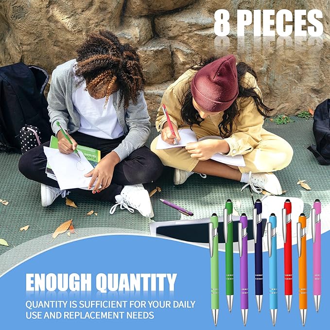 8 Pieces Ballpoint Pen with Stylus Tip Black Ink 2 in 1 Stylus Metal 1.0 mm Medium Point Smooth Pen Rainbow Colorful Rubberized Ballpoint for Touch Screen Tablet(Rainbow Color)-CubbioJoy