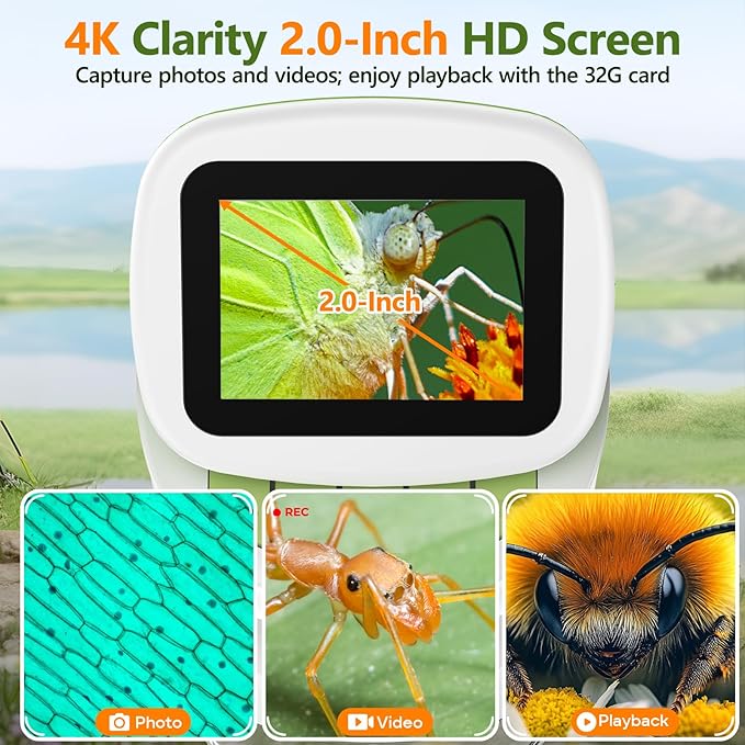Detachable Kids Handheld Microscope Miniscope - 4K 2.0" HD Screen, 1000X Digital Pocket Toy Microscopes for Boys & Girls Ages 4-12 - Portable Science Stem Kit with Slides Set, 32G Card & EVA Case-CubbioJoy