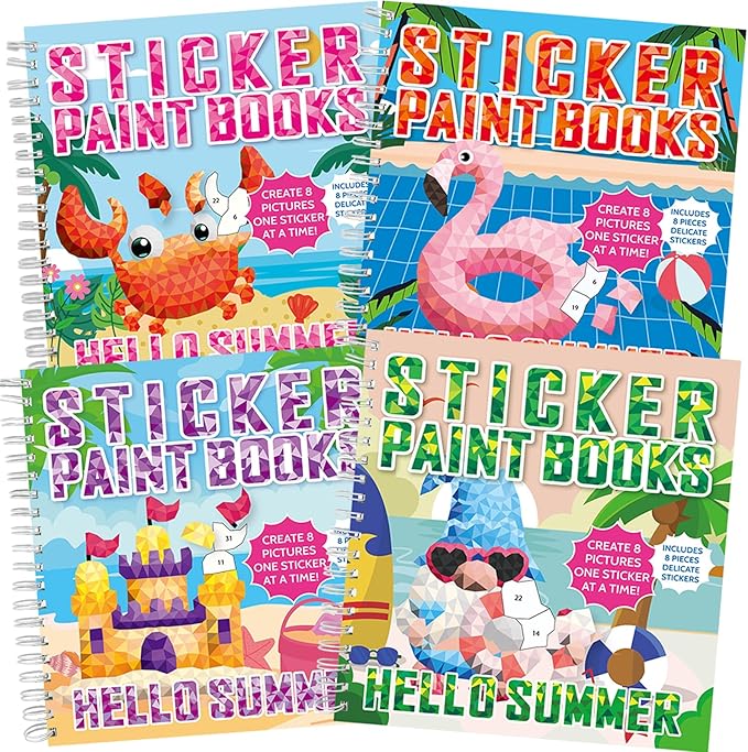 4Pcs Summer Paint by Sticker Books for Kids Ages 4-8 Hello Summer Sticker by Number Books Activity Book for Kids Age 3-5 Puzzle Book Craft Art Toddler Gift with Crab Flamingo Sand Castle 32 Pictures-CubbioJoy