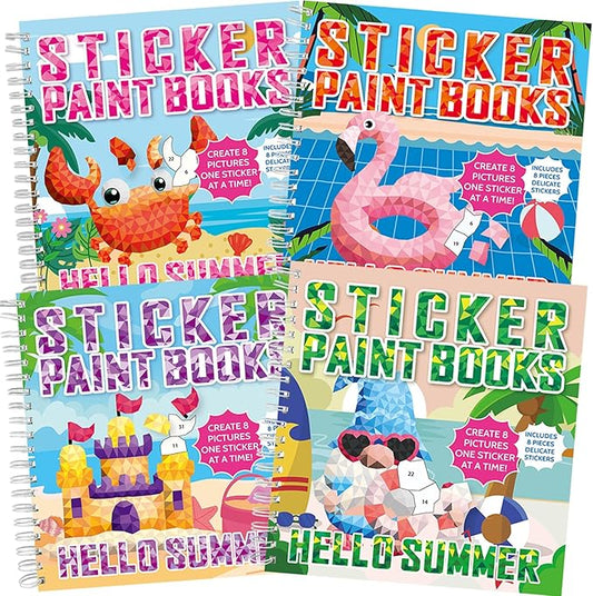 4Pcs Summer Paint by Sticker Books for Kids Ages 4-8 Hello Summer Sticker by Number Books Activity Book for Kids Age 3-5 Puzzle Book Craft Art Toddler Gift with Crab Flamingo Sand Castle 32 Pictures-CubbioJoy