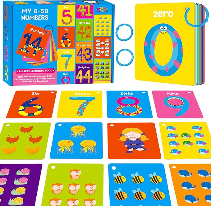 51 PCS Number Flashcards, 0-50 Double Sided Printed Cards with 2 Reclosable Rings, Learn Numbers, Learn to Count-Fun Learning and Educational Flashcards Learning Tool for Kids, Preschoolers, Toddlers-CubbioJoy
