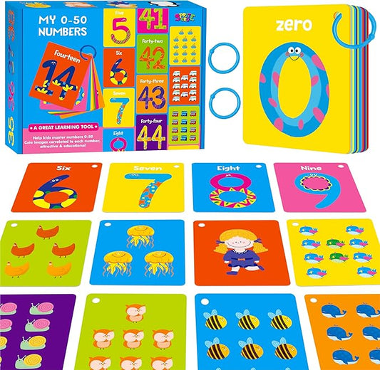 51 PCS Number Flashcards, 0-50 Double Sided Printed Cards with 2 Reclosable Rings, Learn Numbers, Learn to Count-Fun Learning and Educational Flashcards Learning Tool for Kids, Preschoolers, Toddlers-CubbioJoy