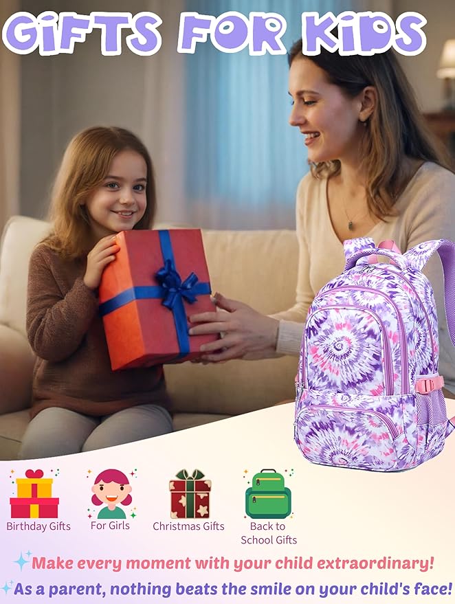 BLUEFAIRY Kids Backpack for Girls Elementary Primary Middle School Bag for Aged 8-10 for Teens Childs Bookbag Back to School Bag Mochilas Escolares para Niñas de 7 8 9 10 Tie-dye Purple-CubbioJoy