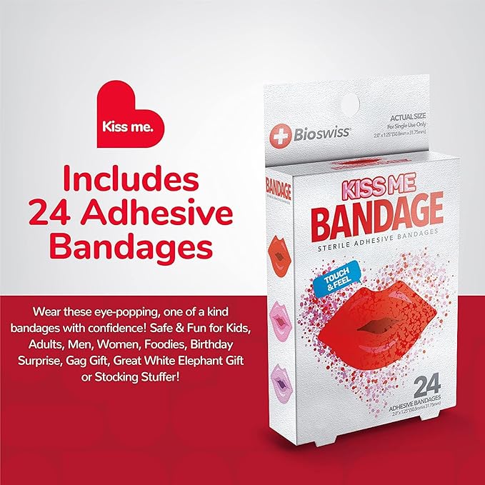 BioSwiss Bandages, Lips Shaped Self Adhesive Bandage, Latex Free Sterile Wound Care, Fun First Aid Kit Supplies for Kids, 24 Count-CubbioJoy