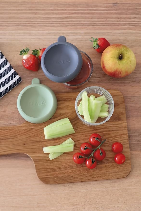 Beaba 2 Pack Glass Baby Food Jars, Freezer, Sterilizer, and Dishwasher Safe, 5 oz Baby Food Storage Jars with Silicone Air Tight Lid, Mineral/Sage-CubbioJoy