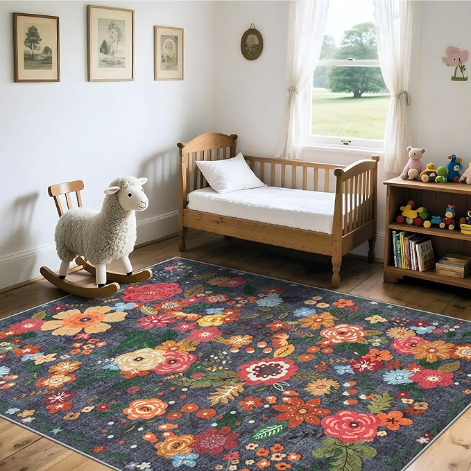 Area Rug Living Room Rugs: 5x7 Washable Rug Vintage Floral Soft Boho Non Slip Carpet Indoor Floor Non Shedding Low Pile Thin Carpets for Bedroom Dining Room Farmhouse Nursery Home Office Black-CubbioJoy