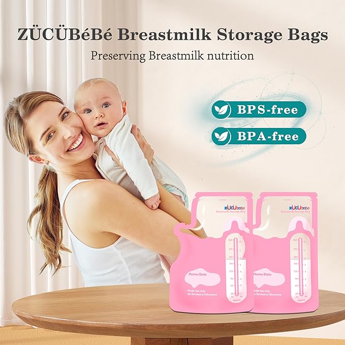 Breastmilk Storage Bags(50 Count)，8oz Milk Storage Bags for Breastfeeding，BPA Free with Easy Pour Spout, Self Standing, for Refrigeration and Freezing Red-CubbioJoy