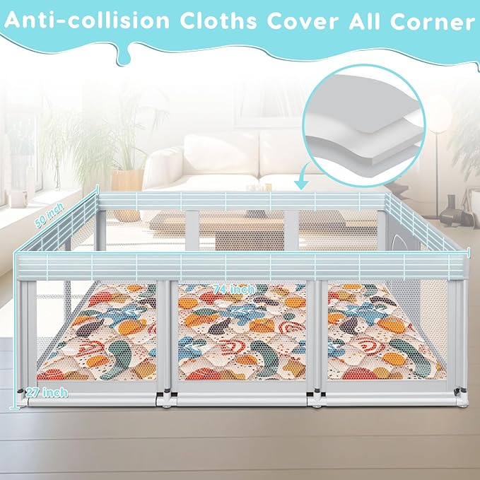 74" ×50" Large Baby Playpen, Baby Playard for Babies and Toddlers, Play Pens for Indoor & Outdoor, Sturdy Safety Play Yard with Soft Breathable Mesh, Anti-Fall, Grey (with MAT)-CubbioJoy