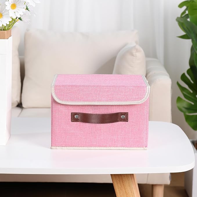 ANMINY 4PCS Storage Bins with Lid PU Leather Handles Storage Boxes PP Plastic Board Decorative Foldable Lidded Cotton Linen Fabric Home Cubes Baskets Closet Organizer Containers - Pink, Small Size-CubbioJoy