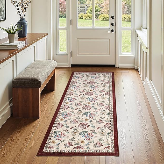 jinchan 2x5 Floral Runner Rug for Hallway Washable Kitchen Runner Vintage Romance Design Non Slip Thin Indoor Floor Cover Low-Profile Throw Carpet for Entryway Bathroom Bedroom Porch, Red/Beige-CubbioJoy
