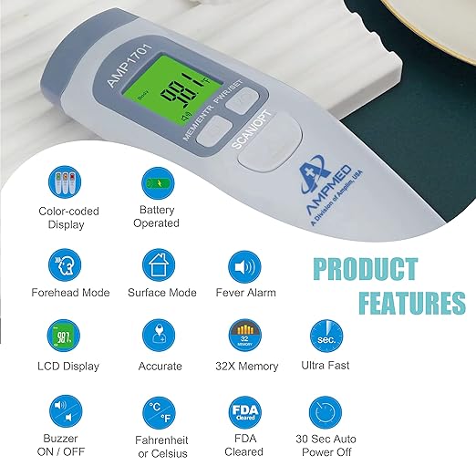 Amplim Medical Grade Forehead Thermometer for Adults, Kids, Baby, Non-Contact Digital Infrared Thermometer, Instant Read, Accurate & Fast Fever Detection, for Home, Clinic, Office Use-CubbioJoy