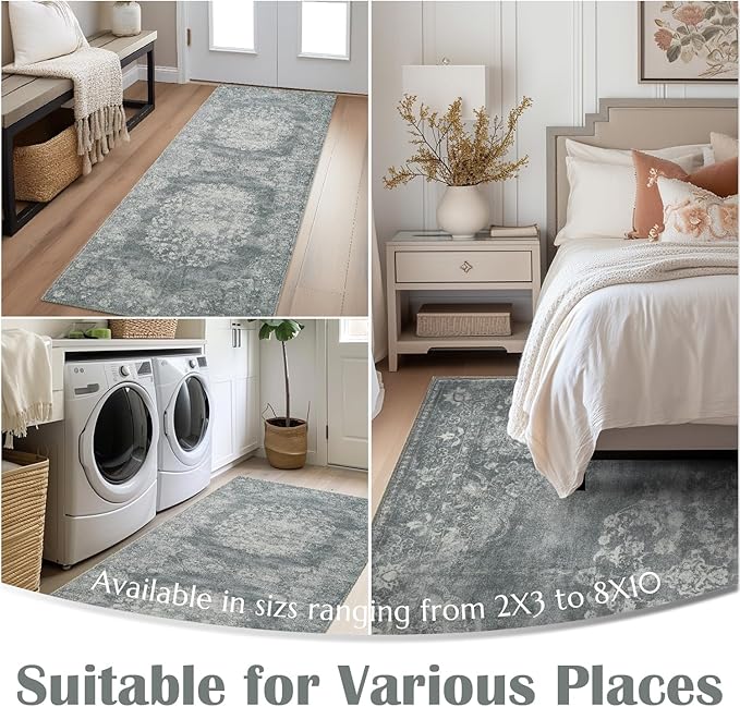 jinchan Floral 2x3 Rug for Entryway - Vintage Washable Area Rug Ultra-Thin Low Pile Soft Small Non-Slip Distressed Indoor Doormat Accent for Entrance Kitchen Bedroom Bathroom (2x3ft,Grey)-CubbioJoy