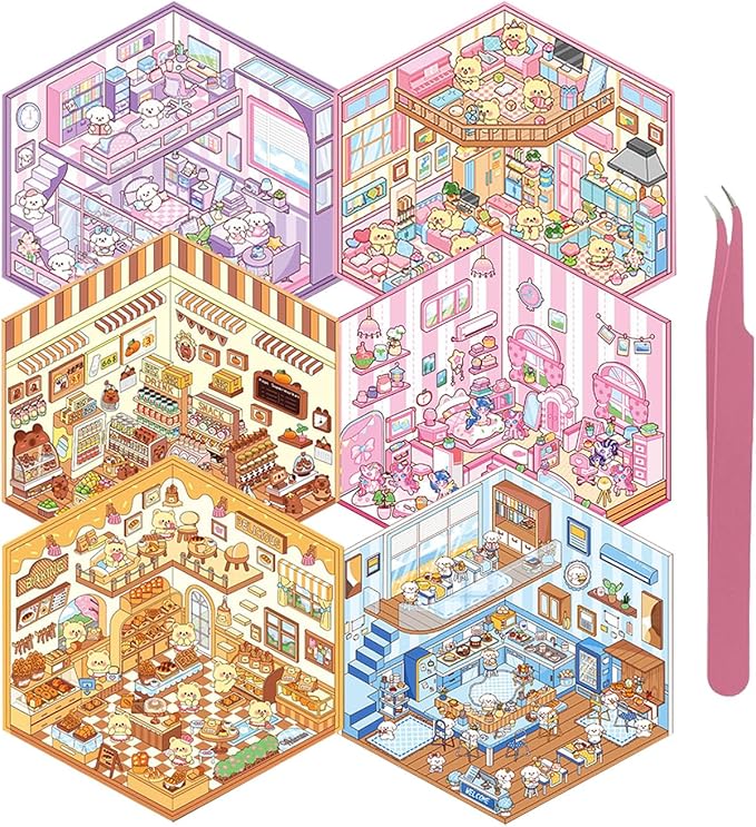 DIY 3D Sticker Scene, 6 Sets of Cute Miniature Isometric Stickers for Kids Adult Therapy Scenes Sticker Reuseable and Waterproof Stickers for Girl-CubbioJoy
