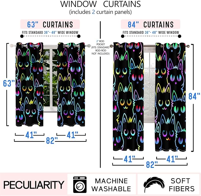 Cat Blackout Curtains for Girls - 2Pcs Cute Cartoon Cat Patterns Curtain Panels for Girls Bedroom Lovely Cats Drapes Darkening Window Curtain for Living Room Bedroom, 82" x 84"-CubbioJoy