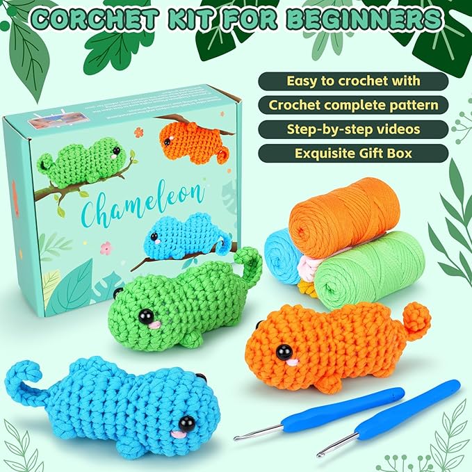 Crochet Kit for Beginners - 3 PCS Baby Chameleon Crochet Kits with Step-by-Step Video Tutorials, Beginner Crochet Kit for Adults Kids, Chameleon Crocheting Set (Orange&Blue&Green)-CubbioJoy