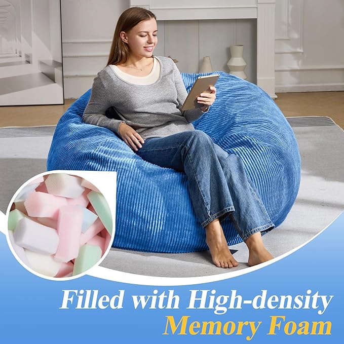 3.5FT Bean Bag Chairs Teardrop Bean Bag Chair for Adults Beanbag Chair with Memory Foam Filled Machine Washable Cover for Living Room, Bedroom (Large,Blue)-CubbioJoy