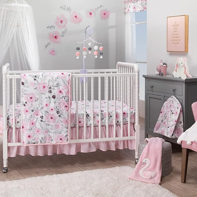 Bedtime Originals Blossom Pink Watercolor Floral 3-Piece Baby Crib Bedding Set-CubbioJoy