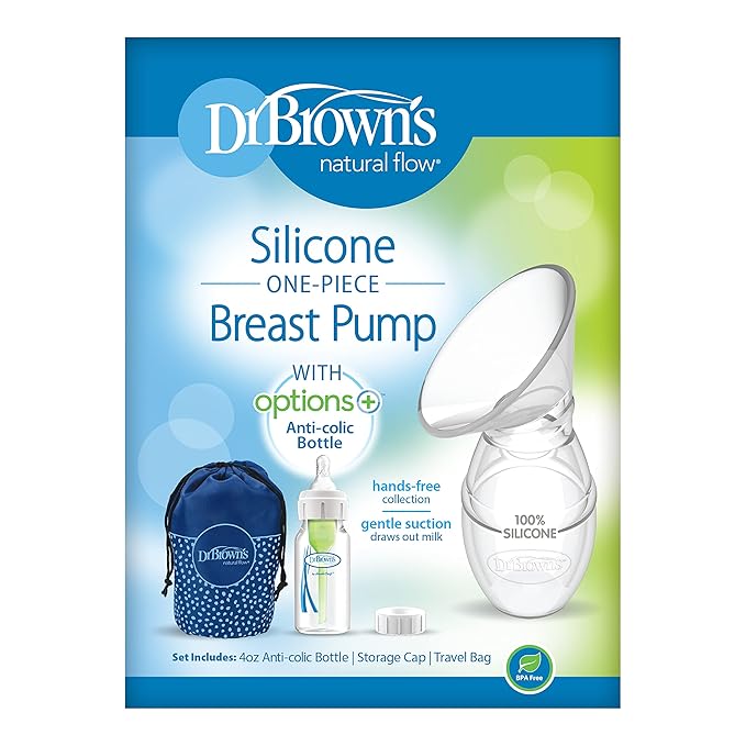 Dr. Brown's 100% Silicone One-Piece Breast Pump,Hands-Free Breast Milk Collector with Anti-Colic Options+ Baby Bottle (4 oz/120 mL),Level 1 Nipple,Travel Lid and Travel Bag-CubbioJoy
