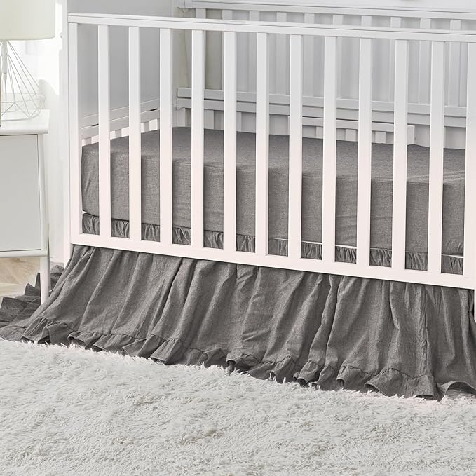 Brandream Crib Bedding Set 3 Pieces Ultra Soft 100% Cotton Bohemian Neutral Solid Grey Crib Comforter, Crib Sheet, Crib Skirt, Farmhouse Chic Ruffle Baby Girl Boys Nursery Bedding-CubbioJoy
