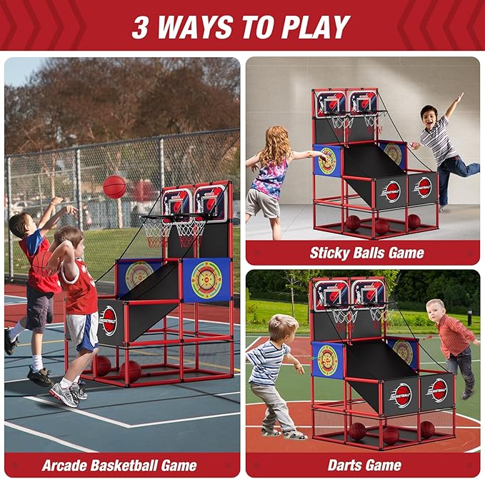 2 in 1 Dual Shot Basketball Arcade Game with 2 Dart Boards/Electronic Scoreboard/LED Light, Kids Basketball Hoop for Home Indoor Outdoor, Sport Toys Gifts for Boys Girls-CubbioJoy