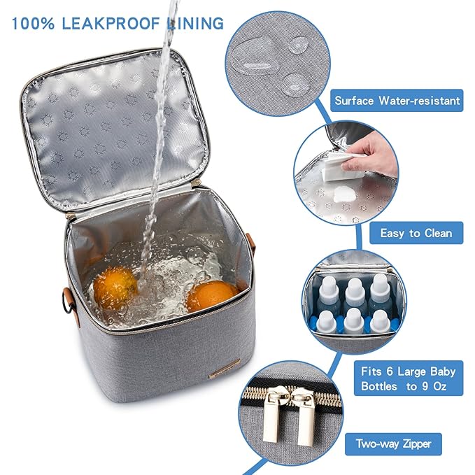 Breastmilk Cooler Bag with Ice Pack Fits 6 Baby Bottles Up to 9 Ounce, Baby Bottle Bag with Shoulder Strap for Nursing Mom Daycare, Grey-CubbioJoy