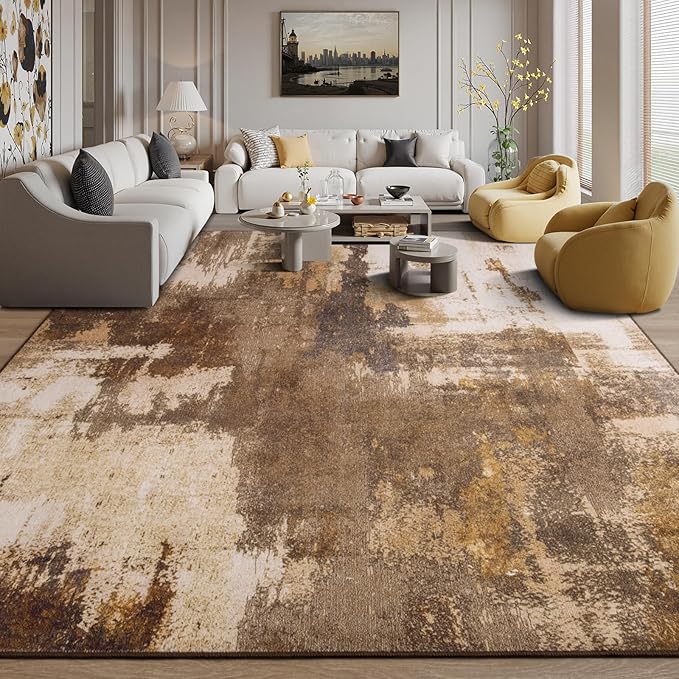 Kelarea Living Room Rug, 9x12 Rug Modern Abstract Washable Rugs, Brown Vintage Low Pile Carpet, Non Slip Large Rugs for Bedroom, Dining Room, College Dorm, Home Office-CubbioJoy