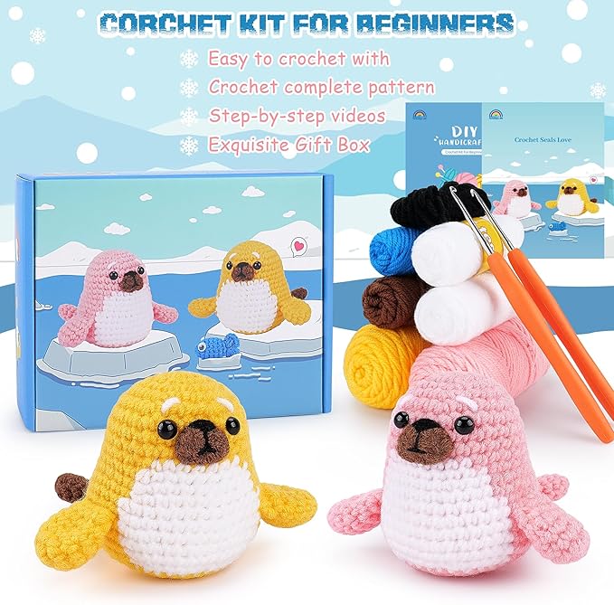 Crochet Kit for Beginners - Seal Crochet Kits with Step-by-Step Video Tutorials, Beginner Crochet Kit for Adults Kids, Crochet Animal Kit, 2 PCS Seals with a Fish Crocheting Set-CubbioJoy