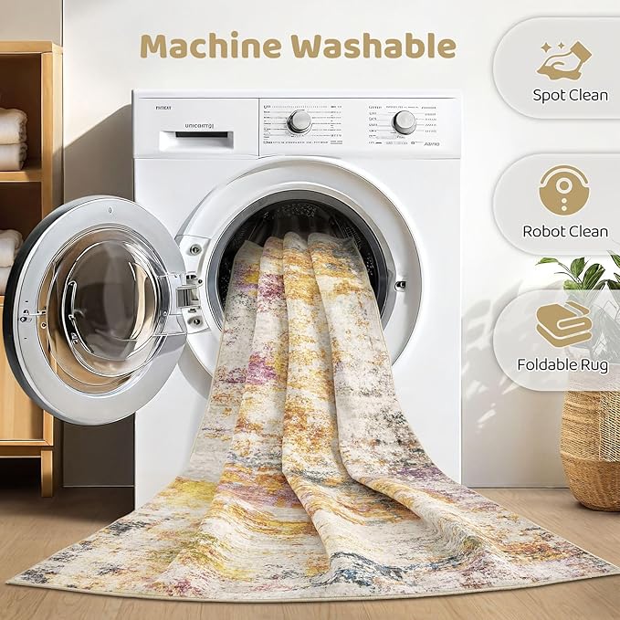 9x12 Area Rugs Living Room: Machine Washable Large Abstract Modern Soft Rug Stain Resistant Indoor Floor Non Slip Accent Carpet for Bedroom Nursery Playroom Office Dining Room Dorm- Gold Colorful-CubbioJoy