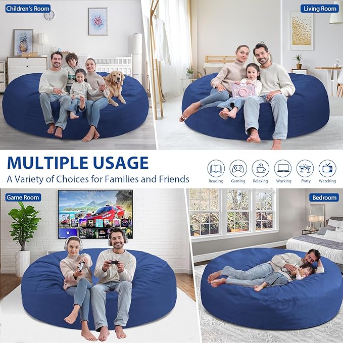 7FT Bean Bag Chair, Large Bean Bag Chairs with Memory Foam Filled, Fluffy Beanbag Sofa with Dutch Velvet Cover, Round BeanBag Chairs for Living Room, Playroom - Blue-CubbioJoy