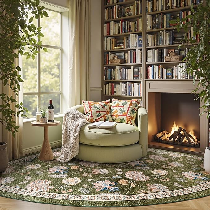 jinchan Floral Corner Rug for Living Room Washable Bedroom Rug Vintage Romance Design Non Slip Quarter Circle Lightweight Low-Pile Throw Carpet for Reading Nook Playroom,7ft Radius, Green-CubbioJoy