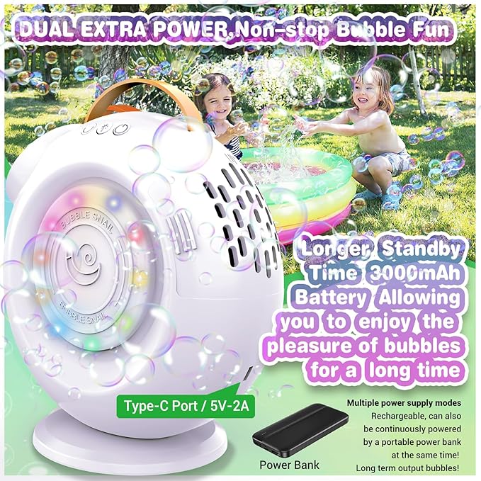 Bubble Machine, Automatic Bubble Maker Rechargeable, 15000+ Big Bubbles per Min, Colorful LED Lights, 90° 360° Rotatable Portable Electric Bubbles Toy for Kids Toddlers, Outdoor Wedding Party Gifts-CubbioJoy