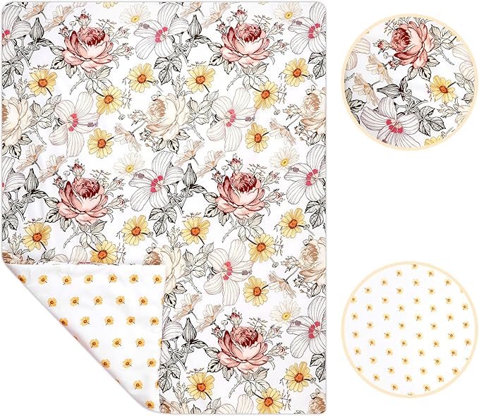 4-Piece Crib Bedding Set for Girls, Boho Baby Girl Bedding Set with Crib Skirt, Baby Quilt, Crib Sheet and Diaper Stacker, Flower-CubbioJoy