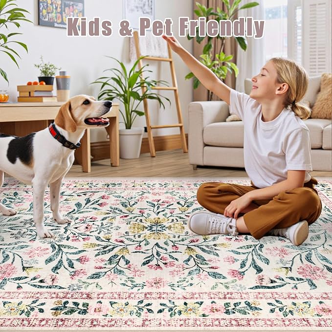 8x10 Area Rugs for Living Room: Floral Washable Rug Vintage Large Soft Boho Non-Slip Carpet Indoor Stain Resistant Low Pile Carpets for Bedroom Dining Room Farmhouse Nursery Home Office Pink Green-CubbioJoy