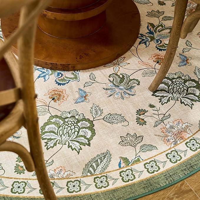 jinchan Floral Corner Rug for Living Room Washable Bedroom Rug Vintage Romance Design Non Slip Quarter Circle Lightweight Low-Pile Throw Carpet for Reading Nook Playroom,8ft Radius, Green/Beige-CubbioJoy