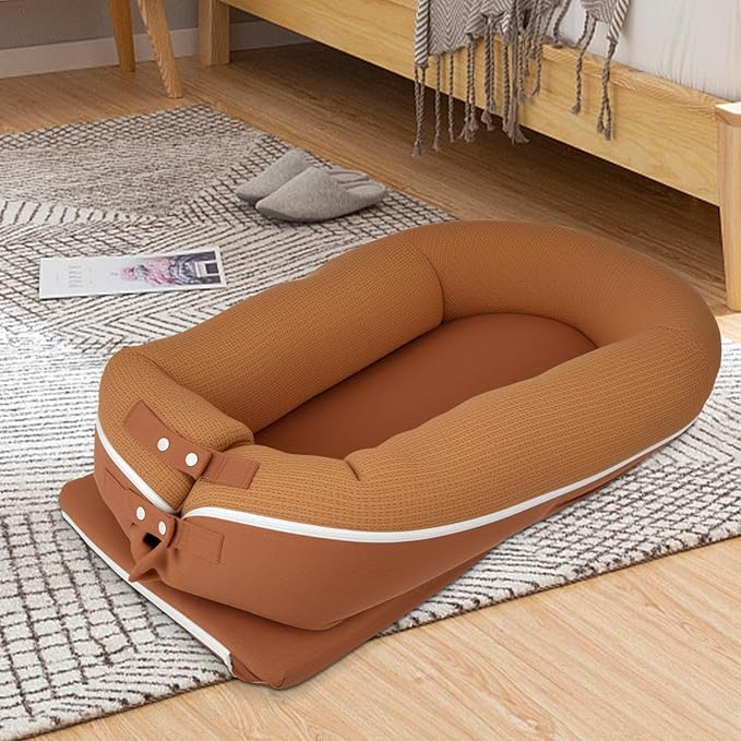 Baby Lounger, Deluxe Infant Lounger, Baby Nest Cover for Baby, Breathable Cotton, Adjustable Baby Floor Seat for Tummy Time, Newborn Essentials for Baby 0-12 Months (Brown)-CubbioJoy