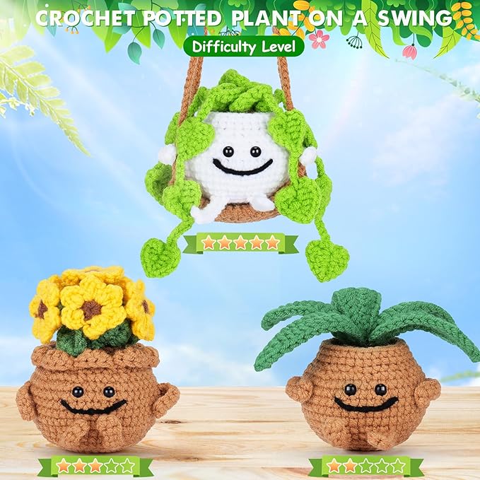 Crochet Kit for Beginners - 3 PCS Potted Plants Crochet Kit with Step-by-Step Video Tutorials, Beginner Crochet Kits for Adults Kids, Potted Plant with Swing Crocheting Set-CubbioJoy