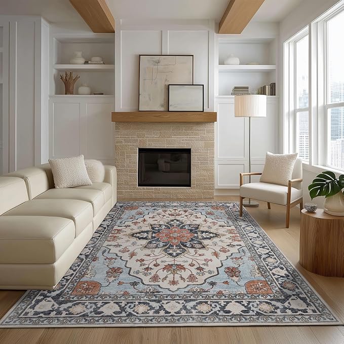 9x12 Area Rug Living Room Rugs, Stain Resistant Washable Rug, Vintage Large Non-Slip Backing, Low Pile Lightweight Print Rug for Bedroom Dinning Room Home Office (Blue/Gray)-CubbioJoy
