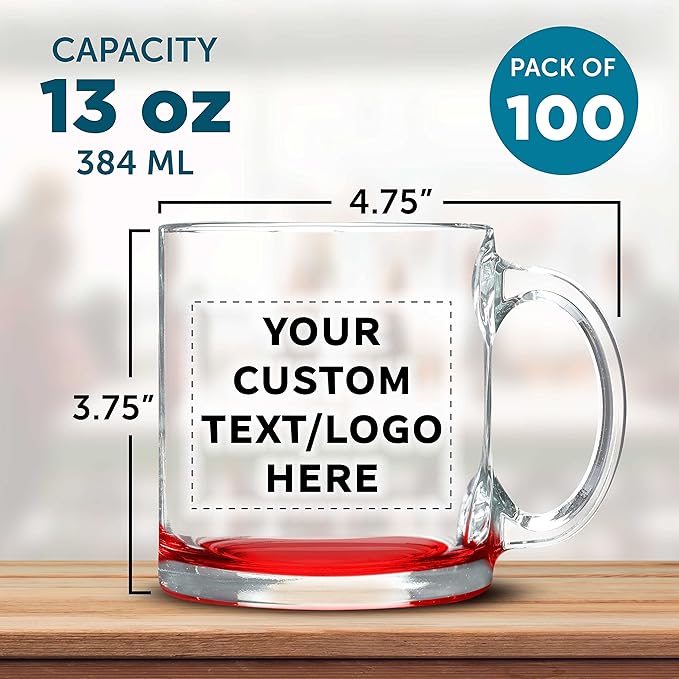Custom Libbey Clear Glass Coffee Mugs 13 oz. Set of 100, Personalized Bulk Pack - Perfect for Coffee, Tea, Espresso, Hot Cocoa, Other Beverages - Red Bottom-CubbioJoy