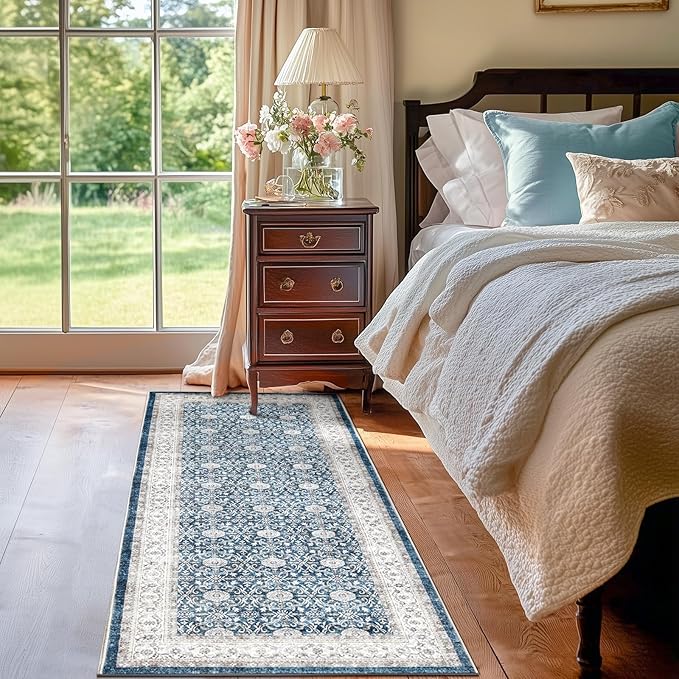 jinchan Runner Rug 2x7 - Machine Washable Dark Blue Vintage Floral Distressed Design Soft Non-Slip Low-Pile Ultra-Thin Runner Rug for Kitchen Hallway Laundry Room Entryway Farmhouse (2‘x7',Dark Blue)-CubbioJoy