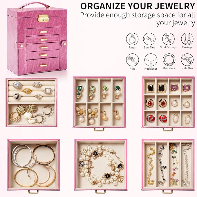 AKOZLIN 6-Tier Jewelry Box Lockable Leather Jewelry Storage Case with 5 Drawers for Women Girls Ring Necklace Earring Bracelet Holder Organizer with Mirror Rose-CubbioJoy