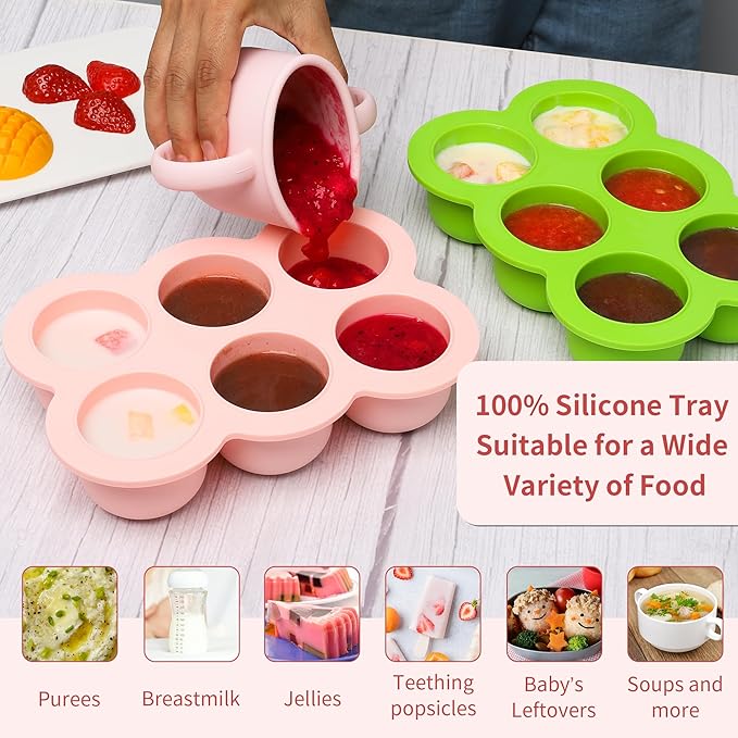 6x3oz Baby Food Freezer Tray with Clip on Lid Gossamer Pink | Leakproof Freezer Molds Silicone Storage Container for Purees Fruits Vegetables-CubbioJoy