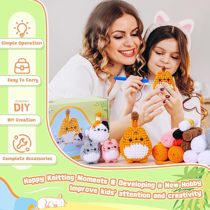 Crochet Kit for Beginners-4PCS Cat Crochet Kits for Adults, Crochet Starter Kit with Step-by-Step Video Tutorials, Crochet Animals Kits DIY Craft Knitting Kit Learn to Crochet Kits for Adults-CubbioJoy
